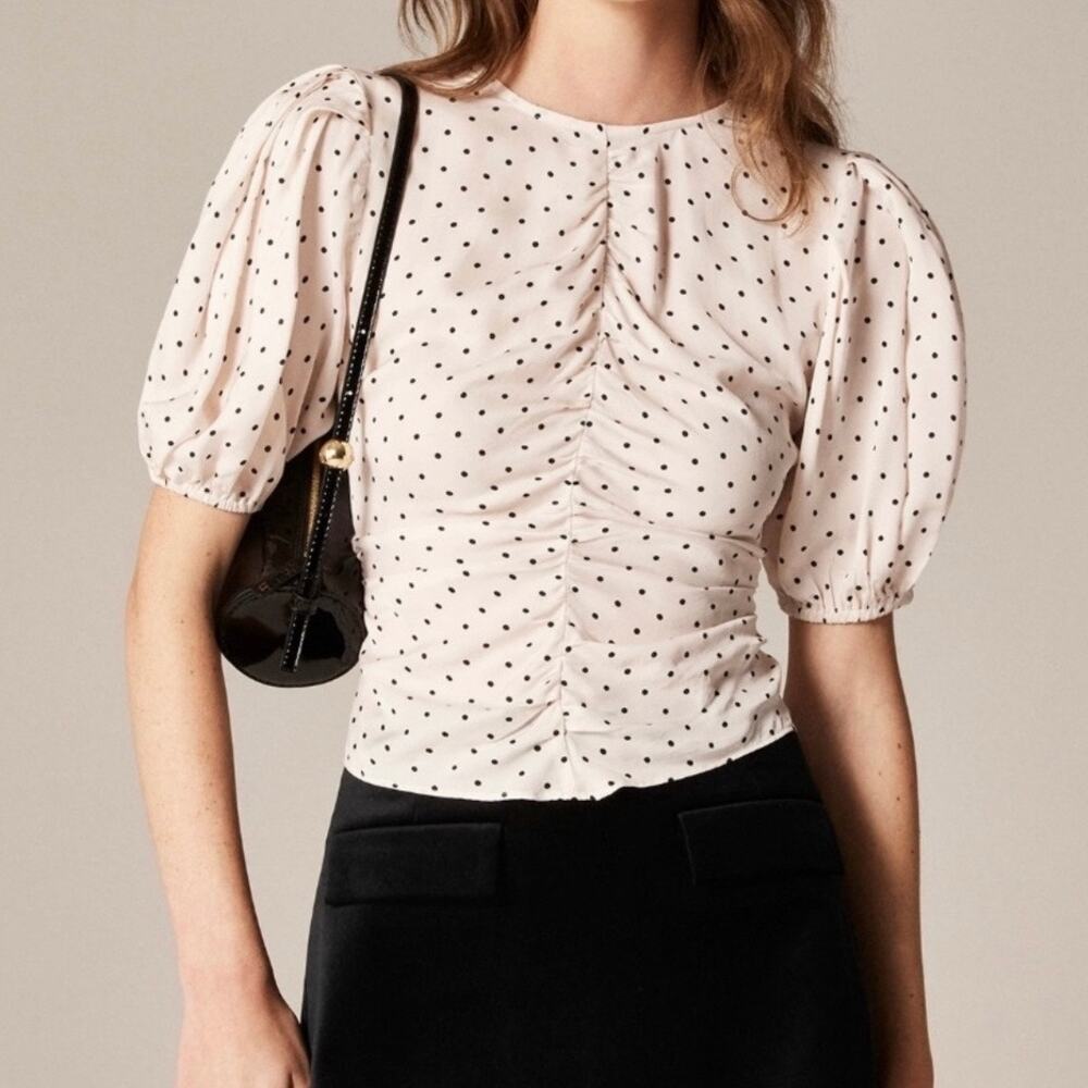 J Crew Veranda Ruched Puff Sleeve Shirt Women's 20 Beige Polka Dot